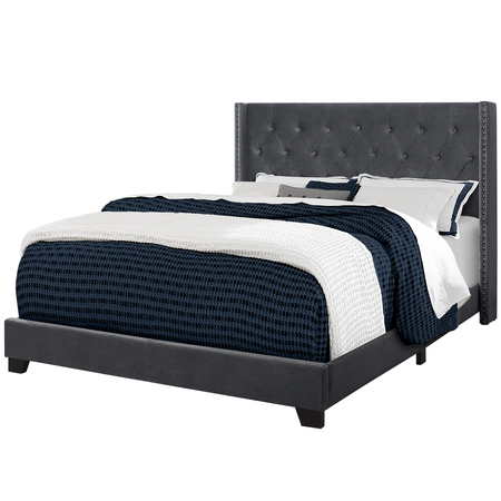 MONARCH SPECIALTIES Bed, Queen Size, Platform, Bedroom, Frame, Upholstered, Velvet, Wood Legs, Grey, Chrome I 5986Q